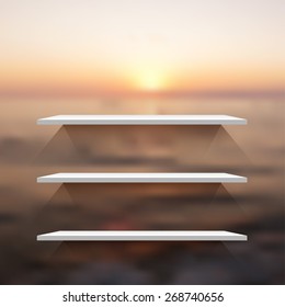 Empty white  modern shelves on the blurred photo wallpaper. Vector illustration