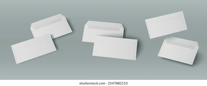 Empty white open and closed envelopes in different angles. Three pairs of blank paper letter package templates of dl standard size for branding presentation. Realistic 3d blank mailing mockup set.