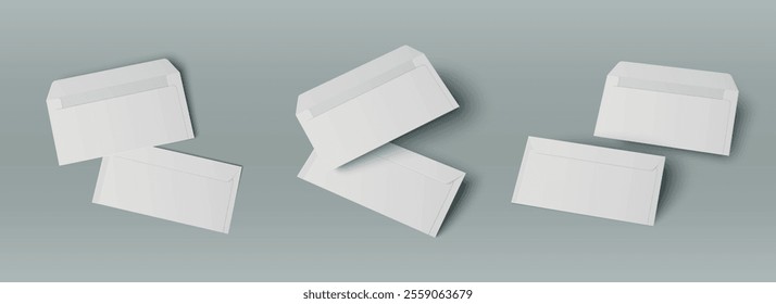 Envelopes brancos vazios, abertos e fechados em ângulos diferentes. Três pares de modelos em branco de pacote de carta em papel de tamanho padrão dl para apresentação de marca. Conjunto de maquete de endereçamento em branco 3d realista.