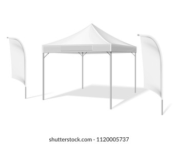Empty white outdoor event tent with flying beach material flags vector illustration isolated on white background. Tent folding, marquee shelter mockup