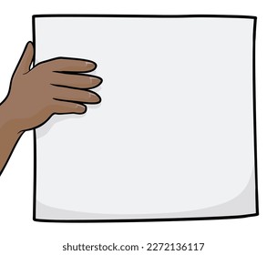 Empty white page held by a dark-skinned hand. Template design in cartoon style.