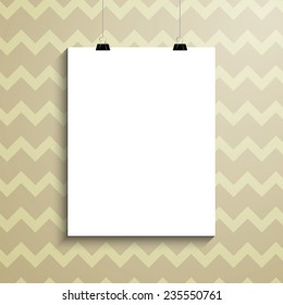 Empty white paper blank and clips. Poster, picture, frame. Vector illustration