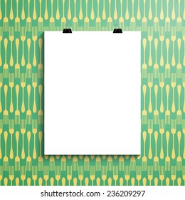 Empty white paper blank over background with forks. White paper with clip vector. Vector template of a paper sheet (poster, picture, frame) 