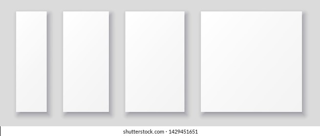 Empty white paper flyers and posters templates in different sizes. Set of realistic vector illustrations with lights and shadows. Perfect mockup for your design.