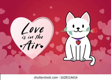Empty white paper heart card and background heart. Cartoon cat with red rose. Valentine's day, Birthday, Anniversary and celebration concept. eps 10 vector.