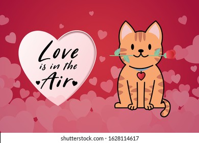 Empty white paper heart card and background heart. Cartoon cat with red rose. Valentine's day, Birthday, Anniversary and celebration concept. eps 10 vector.