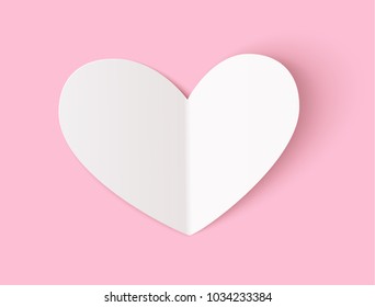 Empty white paper heart with realistic shadow for your design isolated on pink. Vector illustration 