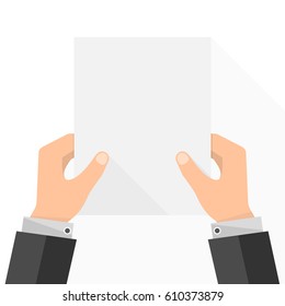 Empty white paper list in the hands. Vector illustration. Businessman in hands holding paper empty mock up.