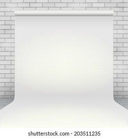 Empty white paper photo studio backdrop in room with white brick wall and concrete floor. Empty space for your object, stock vector graphic illustration 