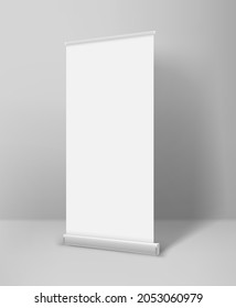 Empty white paper rool up advertising banner in interior