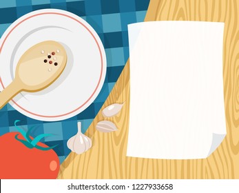 Empty white paper sheet for cooking recipe. Page from the menu on kitchen background. Vector flat illustration