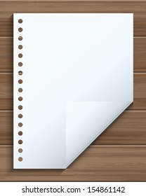 Empty white paper sheet with corner fold on wooden background - Vector illustration