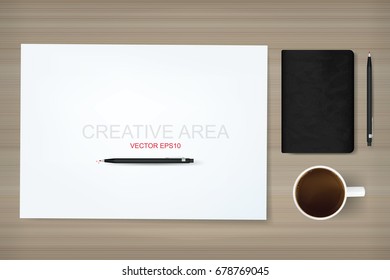 Empty white paper sheet for creative area with a cup of coffee, notebook and pencil on wood background. Vector abstract background of working space.