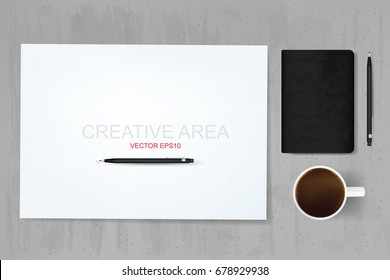 Empty white paper sheet for creative area with a cup of coffee, notebook and pencil on grunge concrete texture background. Vector abstract background of working space.