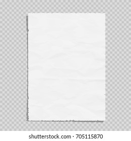 Empty white paper sheet crumpled. Realistic blank page on transparent background. Vector illustration