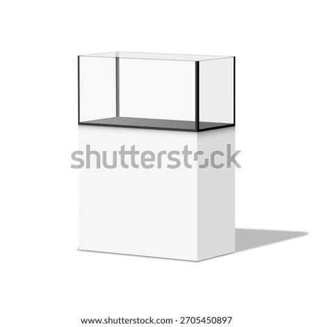 Empty white pedestal with a rectangular glass display case blank mockup, realistic 3d vector object isometric view, for museum exhibition, aquarium stand, product presentation showcase template.