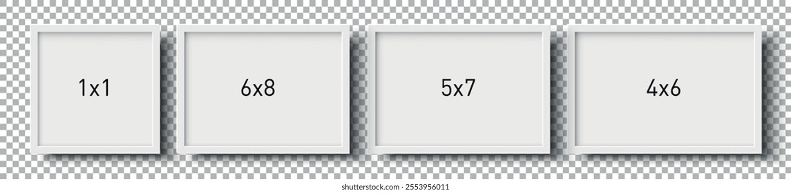 An empty white photo frame of different sizes in 1x1, 6x8, 4x6, 5x7, A5, A4, A3 mockup, realistic picture frames. A blank no photo album mock up isolated template