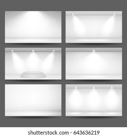 Empty White Photo Studio Interior Background Set. Photo Studio Room. Clean Iight Interior Scene Mock Up. Gallery, Architectural Design. Vector Illustration.