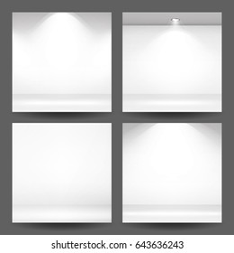 Empty White Photo Studio Interior Background Set. Clean Iight Interior Scene Mock Up. Realistic Empty White Wall. Vector Illustration.