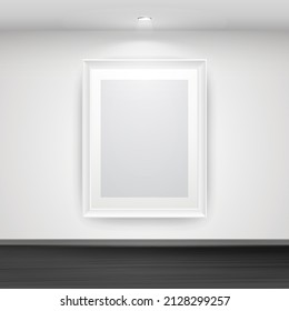 Empty white picture frame on wall above black wooden floor. Indoor gallery interior. Vector background mockup