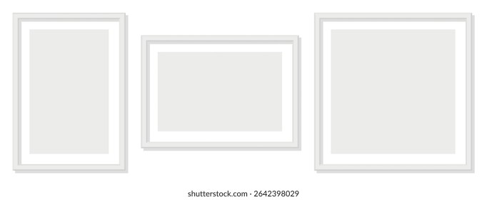 Empty white picture frames set on transparent background minimalist style interior design template mockup collection horizontal and vertical orientation clean layout gallery wall concept neutral tones
