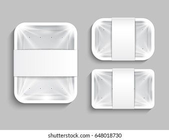 Empty white plastic container with a label on a gray background. Vector illustration