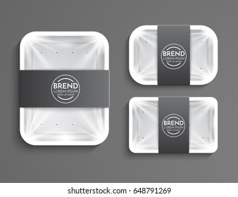 Empty white plastic container with a label on a gray background. Vector illustration