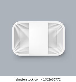 Empty White Plastic Food Container with Label On Gray Background. EPS10 Vector