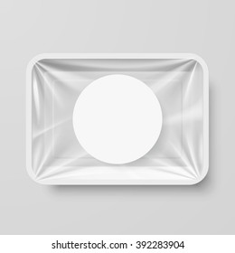 Empty White Plastic Food Container with Round Label