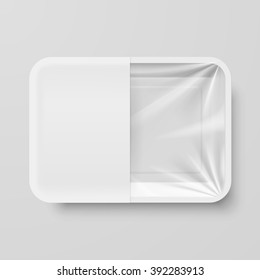 Empty White Plastic Food Container With White Label On Gray Background