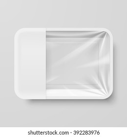 Empty White Plastic Food Container with Empty Label on Gray