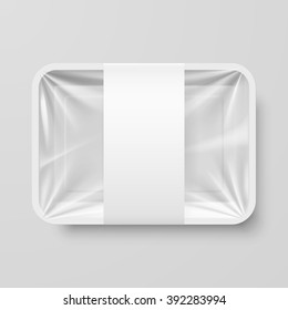 Empty White Plastic Food Container With Label On Gray Background