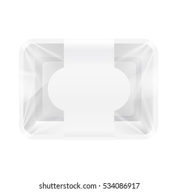 Empty White Plastic Food Container with paper label. Realistic 3d Vector mockup Illustration. Shadows are grouped. Easy to change color.