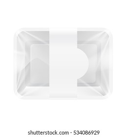 Empty White Plastic Food Container with paper label. Realistic 3d Vector mockup Illustration. Shadows are grouped. Easy to change color.