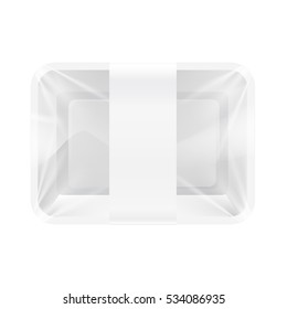 Empty White Plastic Food Container with paper label. Realistic 3d Vector mockup Illustration. Shadows are grouped. Easy to change color.