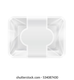 Empty White Plastic Food Container with paper label. Realistic 3d Vector mockup Illustration. Shadows are grouped. Easy to change color.