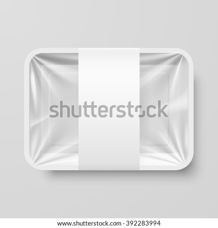 Empty White Plastic Food Container with Label on Gray Background