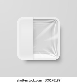 Empty White Plastic Food Square Container with Empty Label on Gray