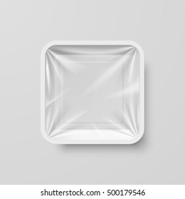 Empty White Plastic Food Square Container on Gray