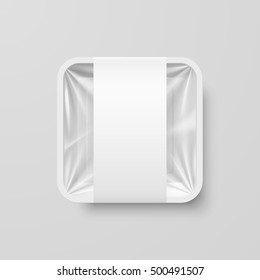 Empty White Plastic Food Square Container with Label on Gray Background