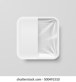 Empty White Plastic Food Square Container with White label on Gray Background