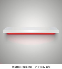 Empty white plastic illuminated by neon red light shelve with shadows on grey light background. vector illustration