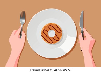 Empty white plate with caramel donut. Fork and knife in hand. Sample. Vector illustration in a flat style. The concept of food intake, junk food, fast food, sweet, breakfast.