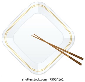 Empty white plate with chopsticks. Vector illustration.