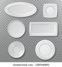 Empty White Plate. Food Plates Top View Topping Dish Bowl From Above Kitchen Ceramic Elements Cooking Porcelain Isolated Vector Set