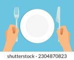 Empty white plate. Hands is holding fork and knife. Vector cutlery in trendy flat style isolated on blue background.