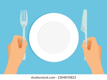 Empty white plate. Hands is holding fork and knife. Vector cutlery in trendy flat style isolated on blue background.