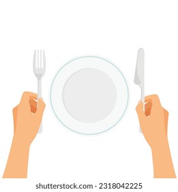 Empty white plate. Hands is holding fork and knife. Vector cutlery in trendy flat style isolated on white background.