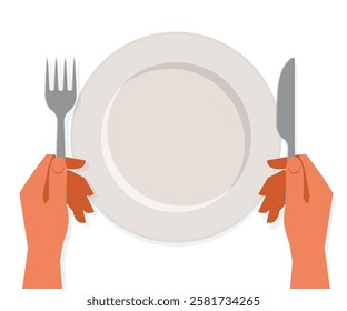 Empty white plate. Hands is holding fork and knife. Vector cutlery in trendy flat style isolated on white background.