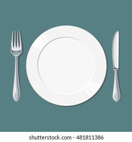 Empty white plate with knife and fork. Vector illustration
